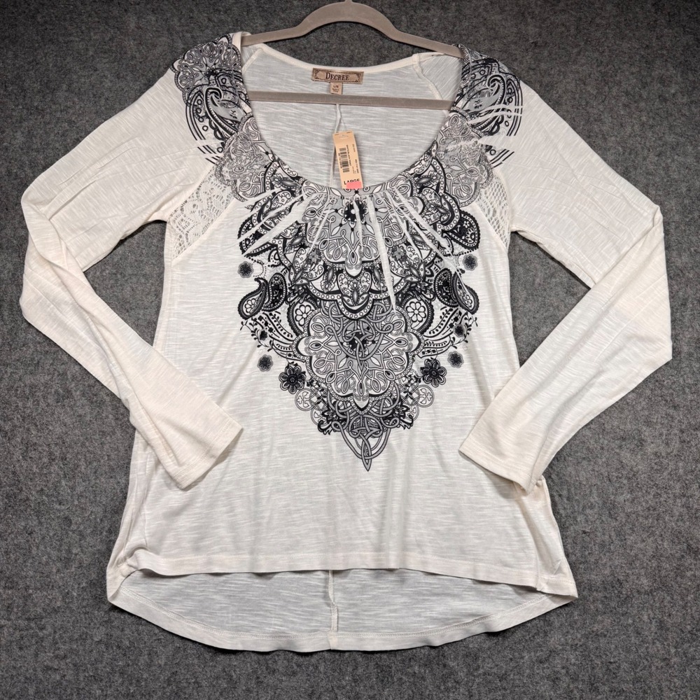 Decree Womens Long Sleeve Paisley Medallion Lace Top White‎ Black Large LION-12
